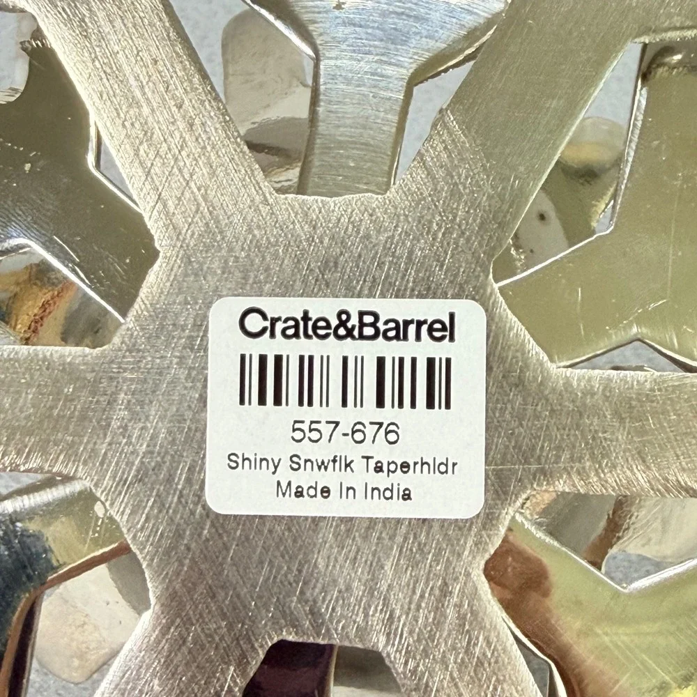 Crate & Barrel Pair Shiny Snowflake Taper Candle Holders Silver Festive Holiday